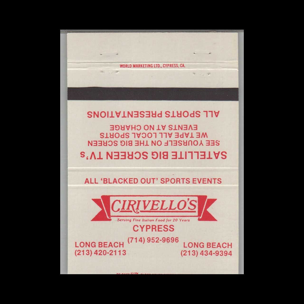 Cirvello&#39;s Italian Restaurant Long Beach CA Vintage Matchbook Advertising Cover
