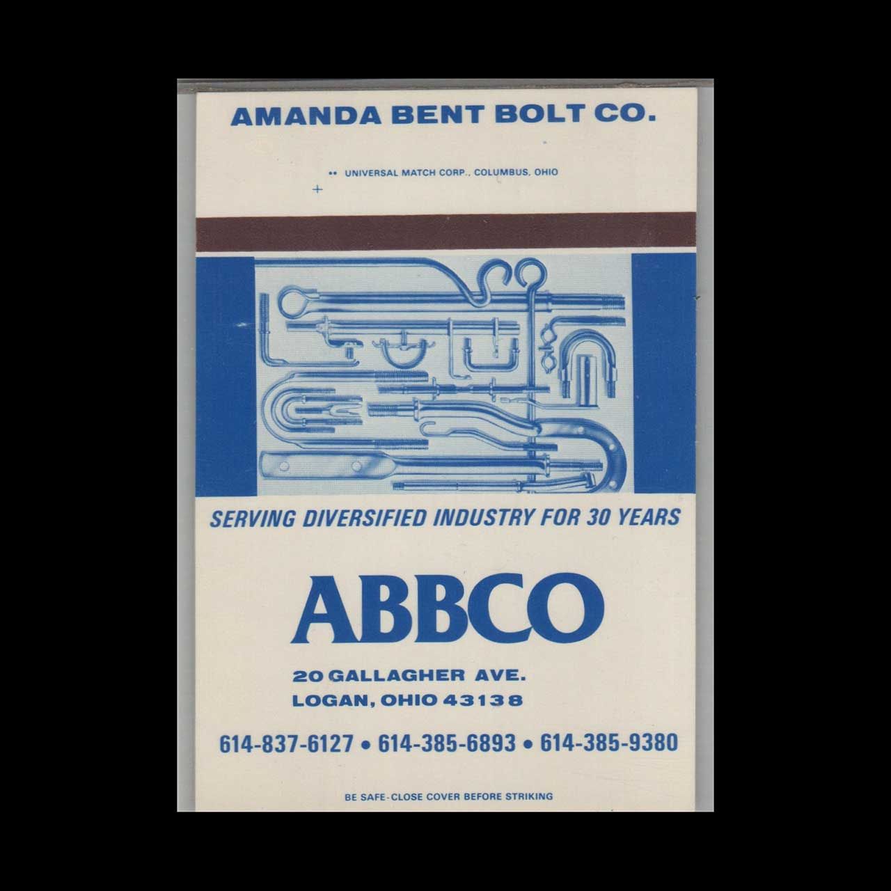 Amanda Bent Bolt Co Logan OH Vintage Matchbook Advertising Cover
