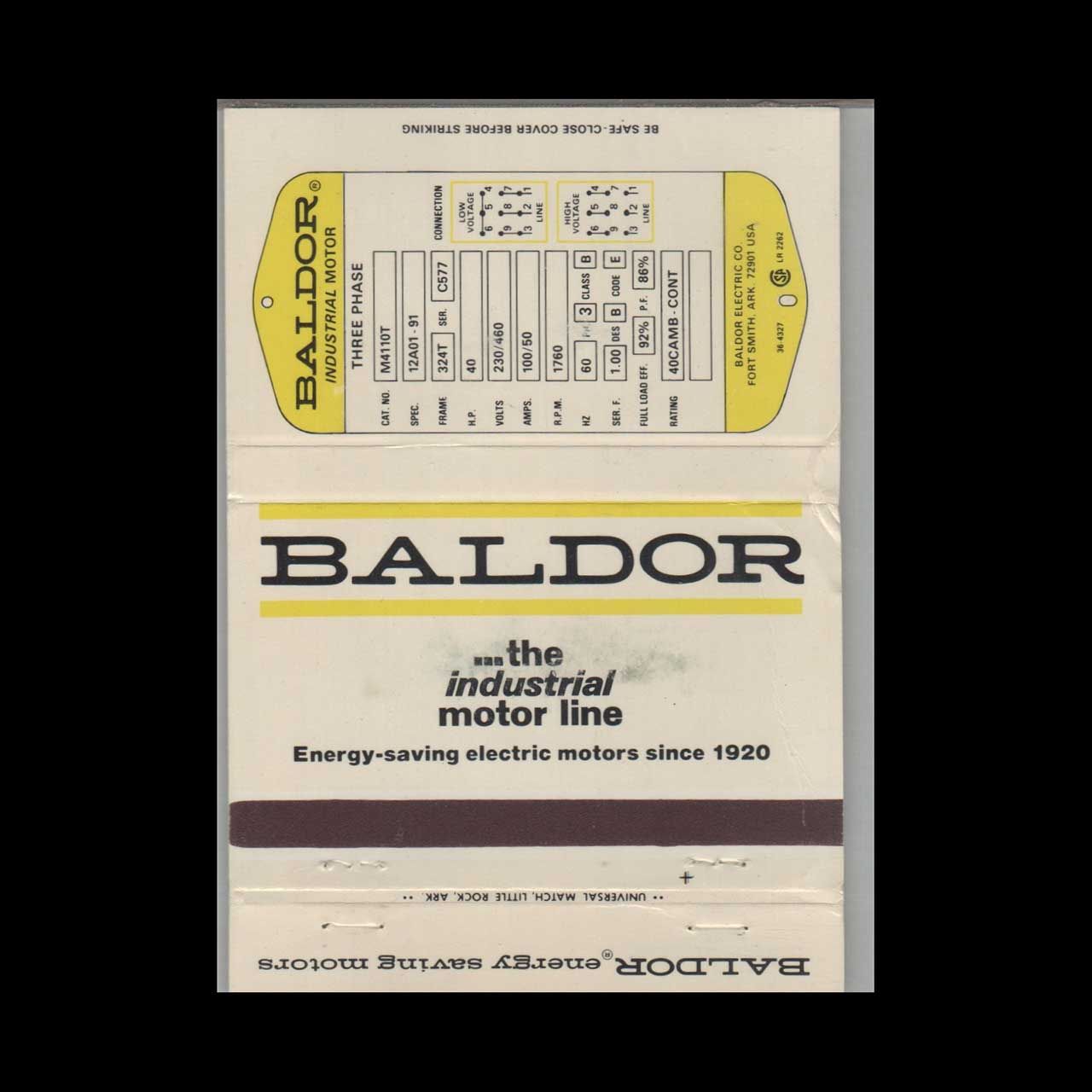 Baldor Industrial Motor Line Vintage Matchbook Advertising Cover