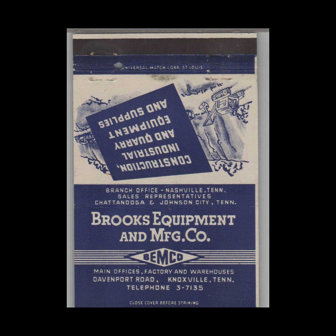 Brooks Equipment and Mfg Co Knoxville TN Vintage Matchbook Advertising Cover