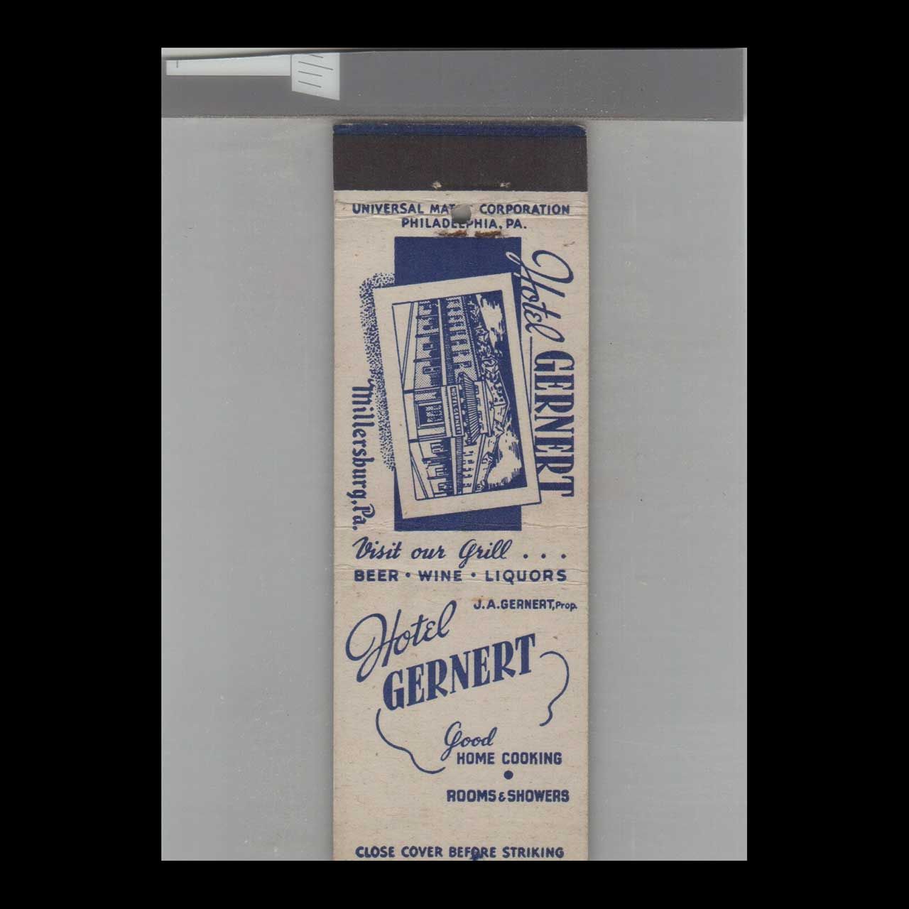Hotel Gernert Millersburg, PA Vintage Matchbook Advertising Cover