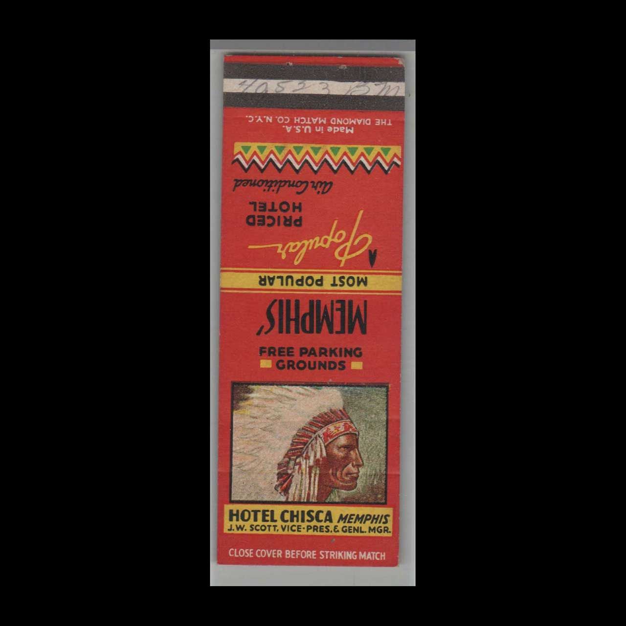 Vintage Hotel Hotel Chisca Memphis, TN Vintage Matchbook Advertising Cover