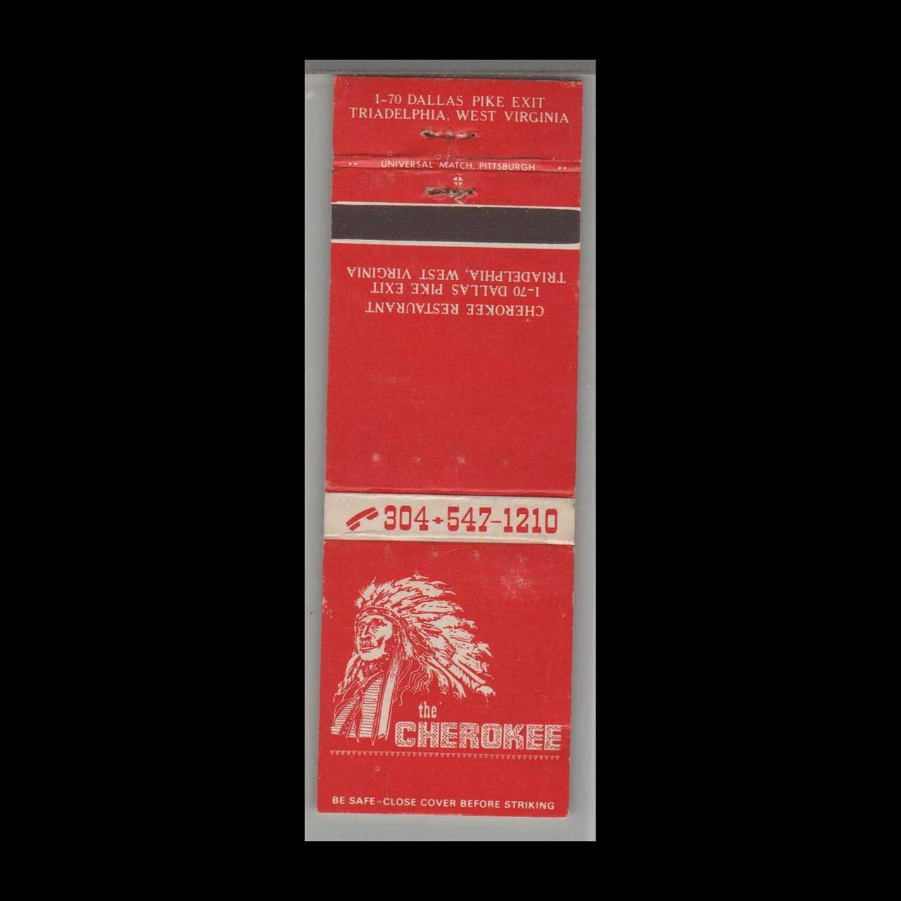 Vintage Hotel The Cherokee Hotel Triadelphia, WV Vintage Matchbook Advertising Cover