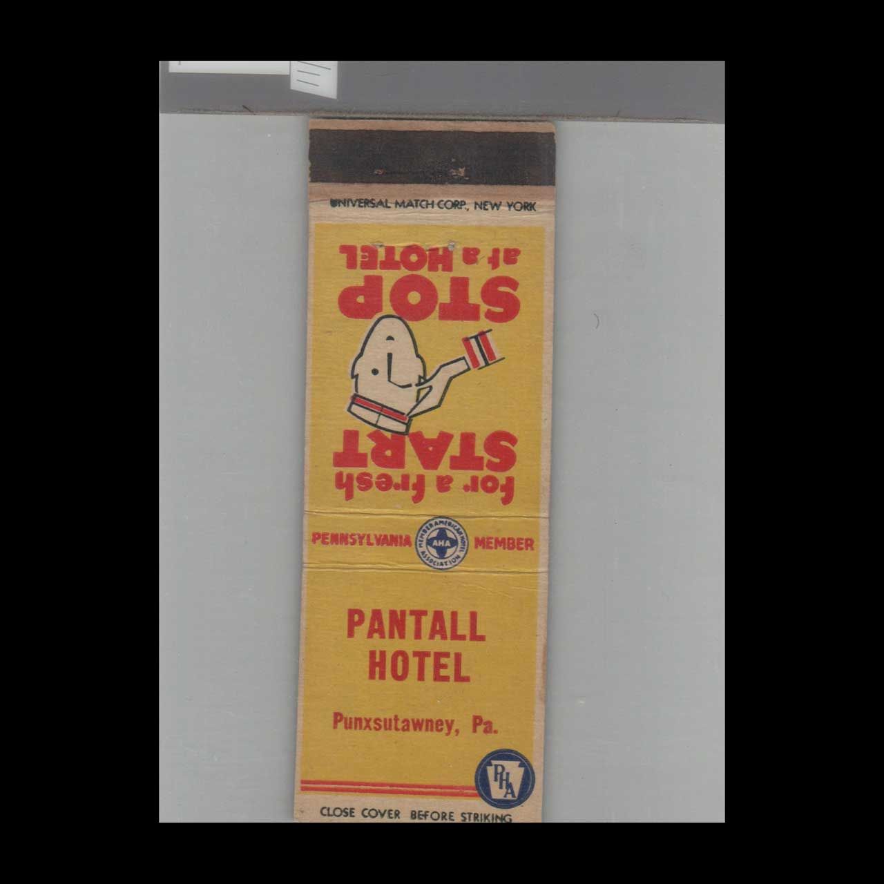 Pantall Hotel Punxsutawney, PA Vintage Matchbook Advertising Cover