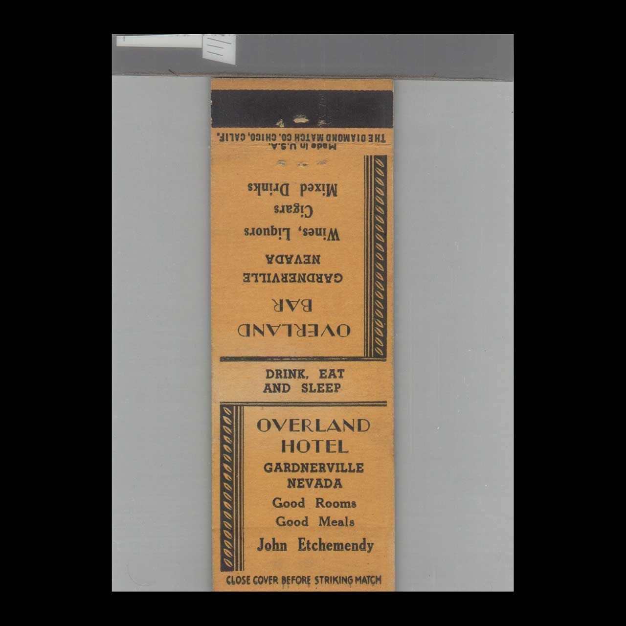 Overland Hotel Gardnerville, NV Vintage Matchbook Advertising Cover