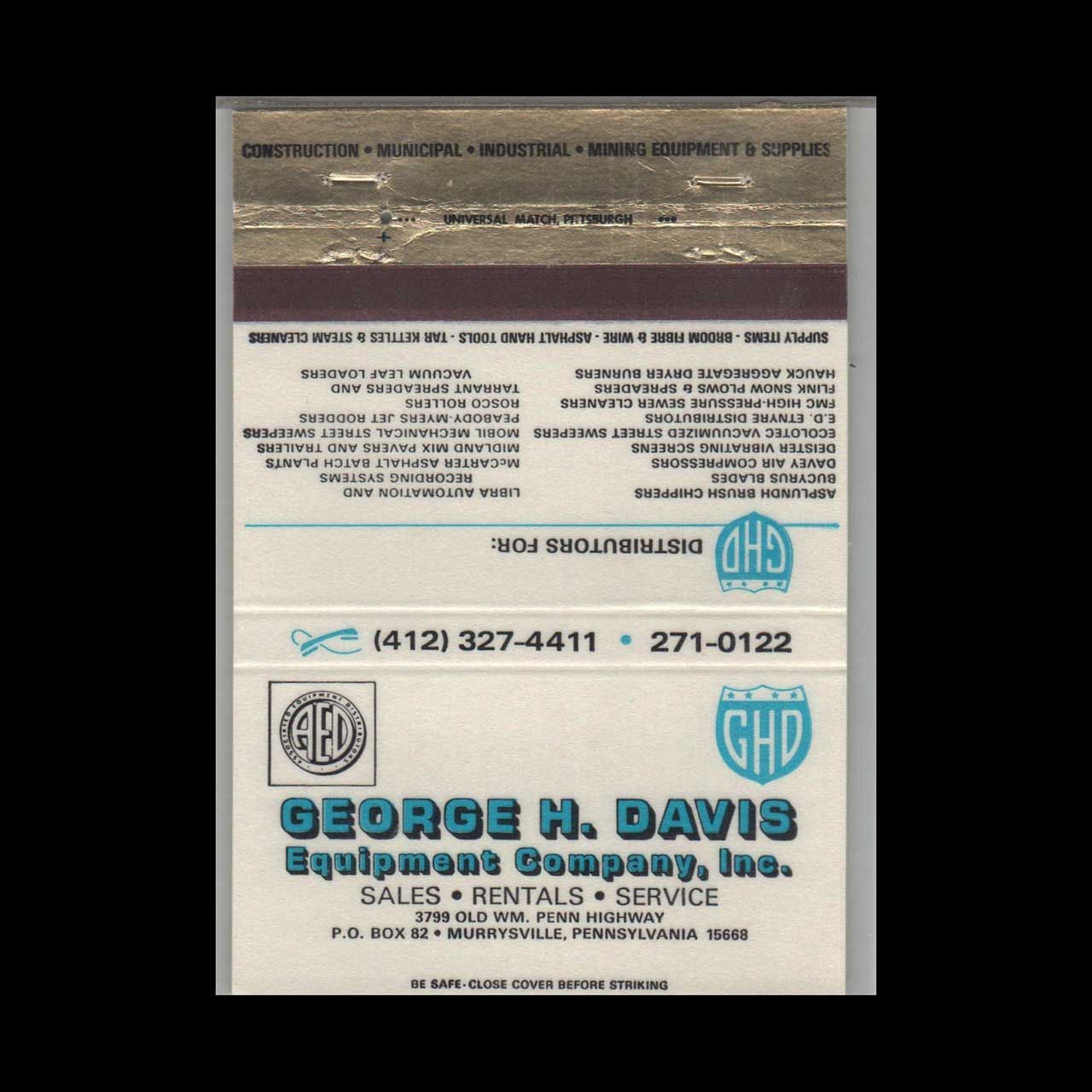 George H. Davis Equipment Company Murrysville PA Vintage Matchbook Advertising Cover