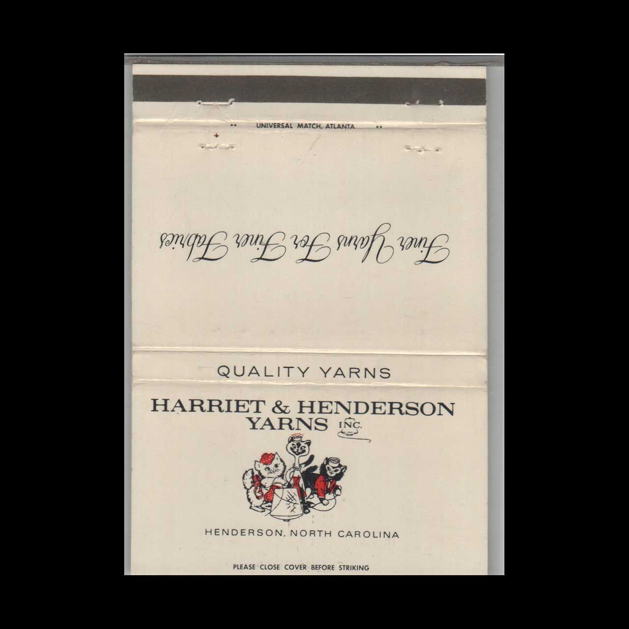 Harriet &amp; Henderson Yarns Henderson NC #1 Vintage Matchbook Advertising Cover