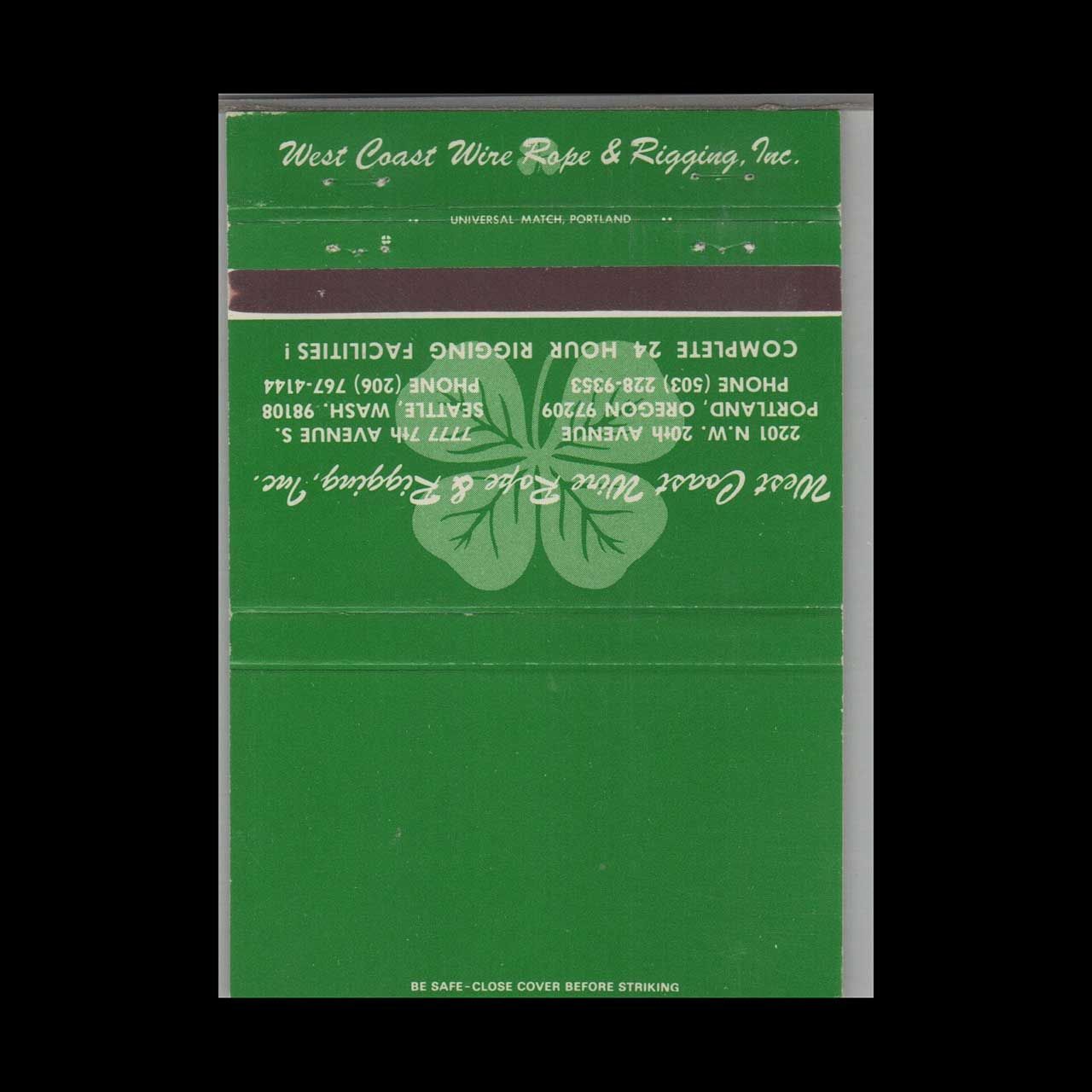 West Coast Wire Rope &amp; Rigging Inc Seattle WA Vintage Matchbook Advertising Cover