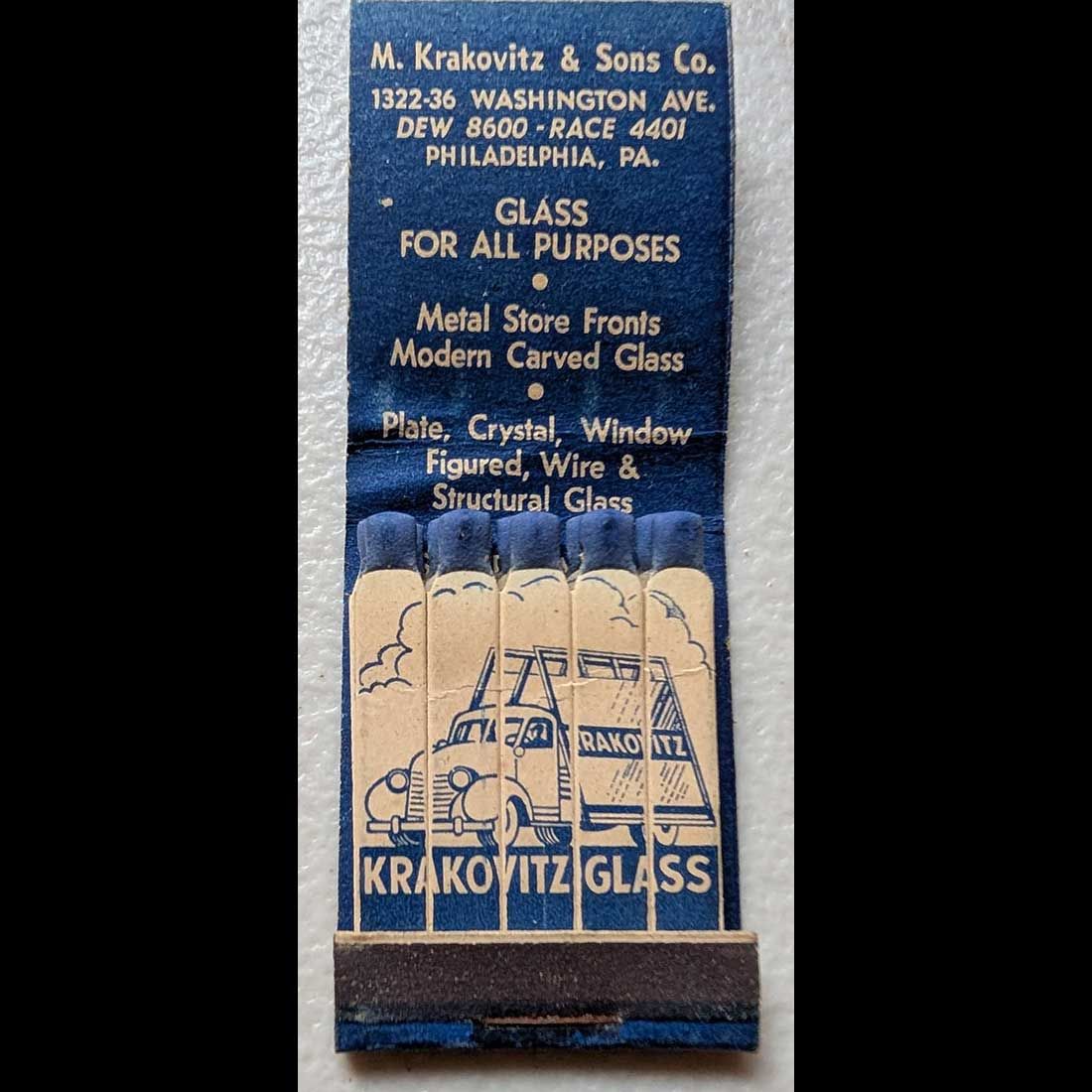 Feature Matchbook Full Book M. Krakovitz &amp; Sons Window Plate Glass Philadelphia Vintage Matchbook Advertising Cover