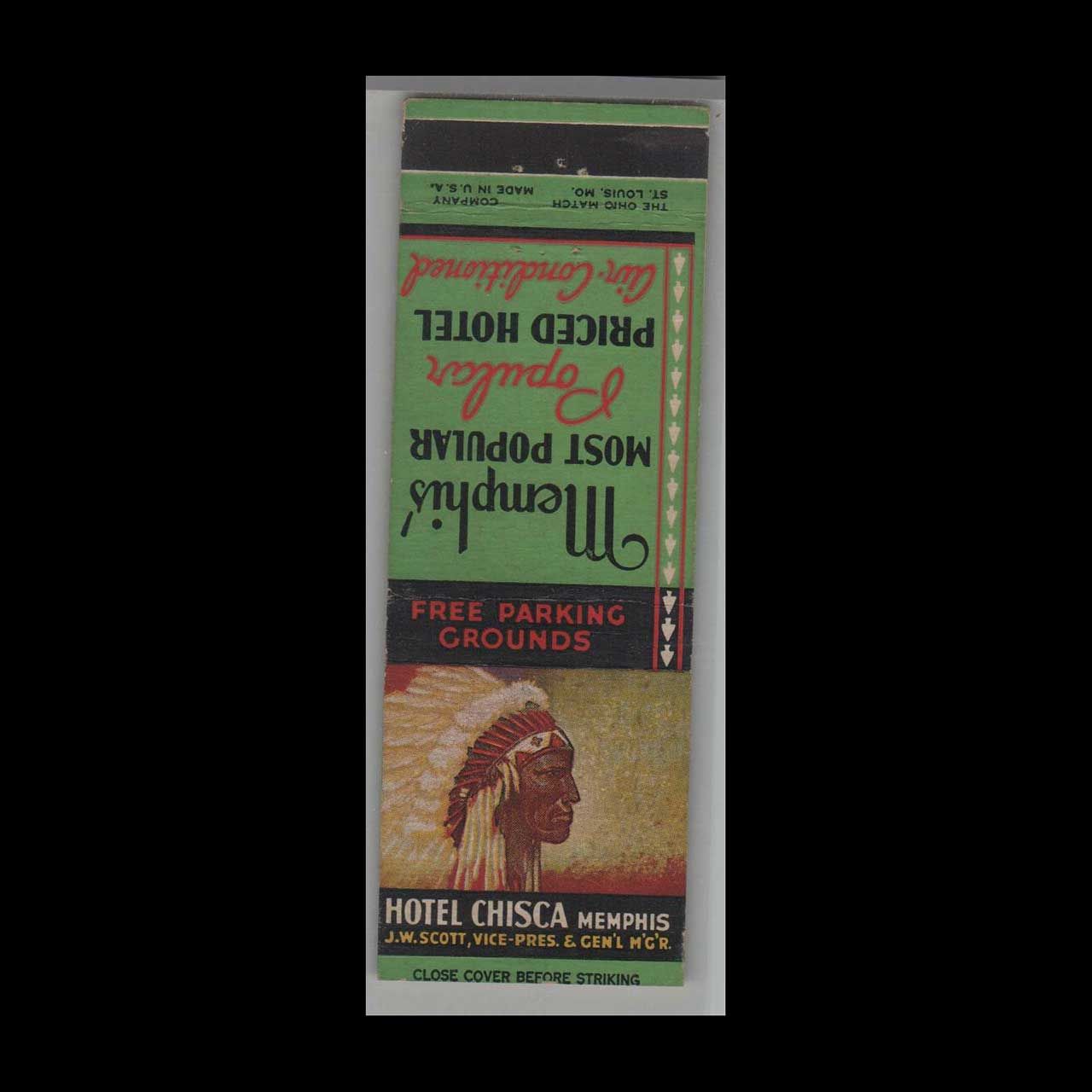 Vintage Hotel Hotel Chisca Memphis, TN Vintage Matchbook Advertising Cover