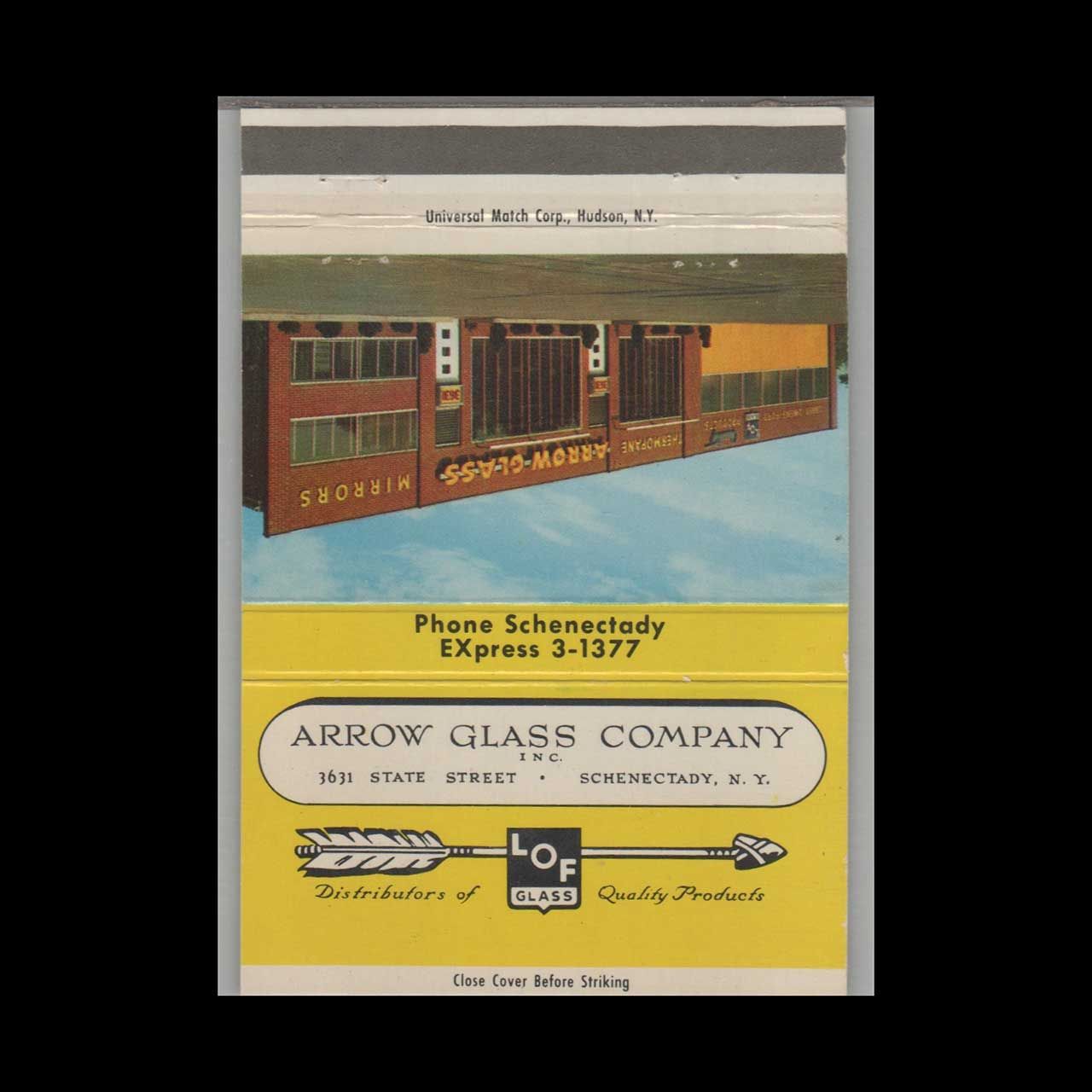 Arrow Glass Company Schenectady NY Vintage Matchbook Advertising Cover