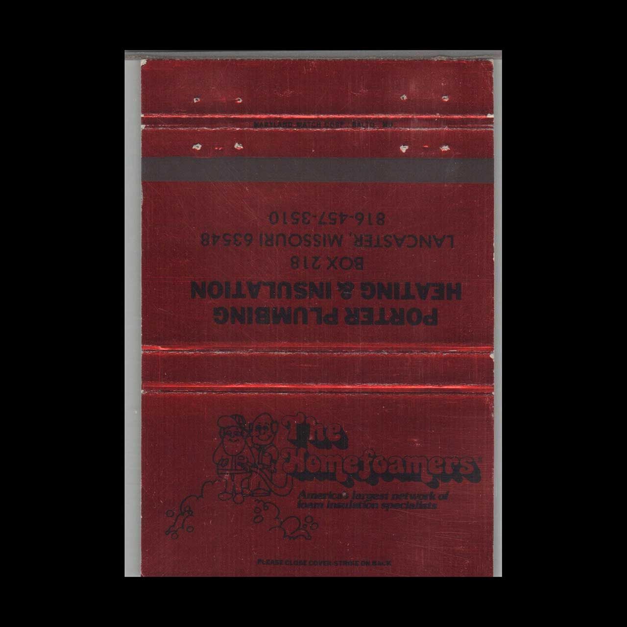 Porter Plumbing Heating and Insulation Lancaster MO Vintage Matchbook Advertising Cover