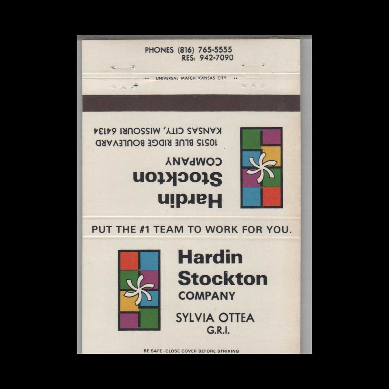 Hardin Stockton Company Sylvia Ottea Kansas City MO Vintage Matchbook Advertising Cover