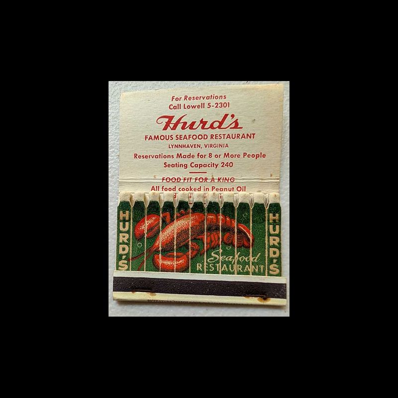 Feature Matchbook Full Book Full Length Hurd&#39;s Seafood Restaurant Lynnhaven VA Vintage Matchbook Advertising Cover