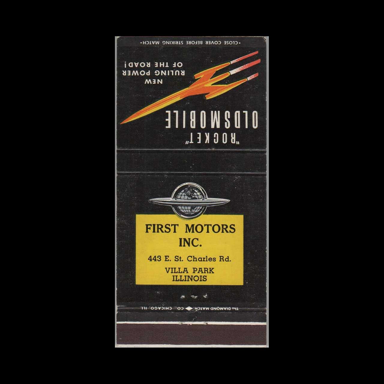 Oldsmobile Rocket Dealer First Motors Villa Park, IL Vintage Matchbook Advertising Cover