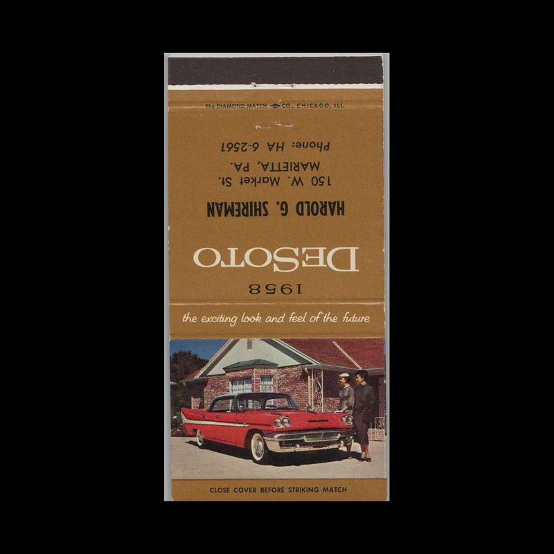 1957 DeSoto Dealer Eli Ament Mt. Joy, PA Vintage Matchbook Advertising Cover