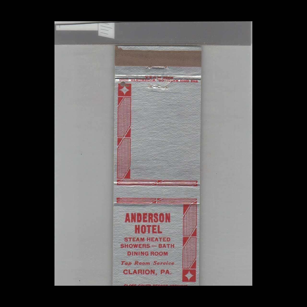 Anderson Hotel Clarion, PA Vintage Matchbook Advertising Cover