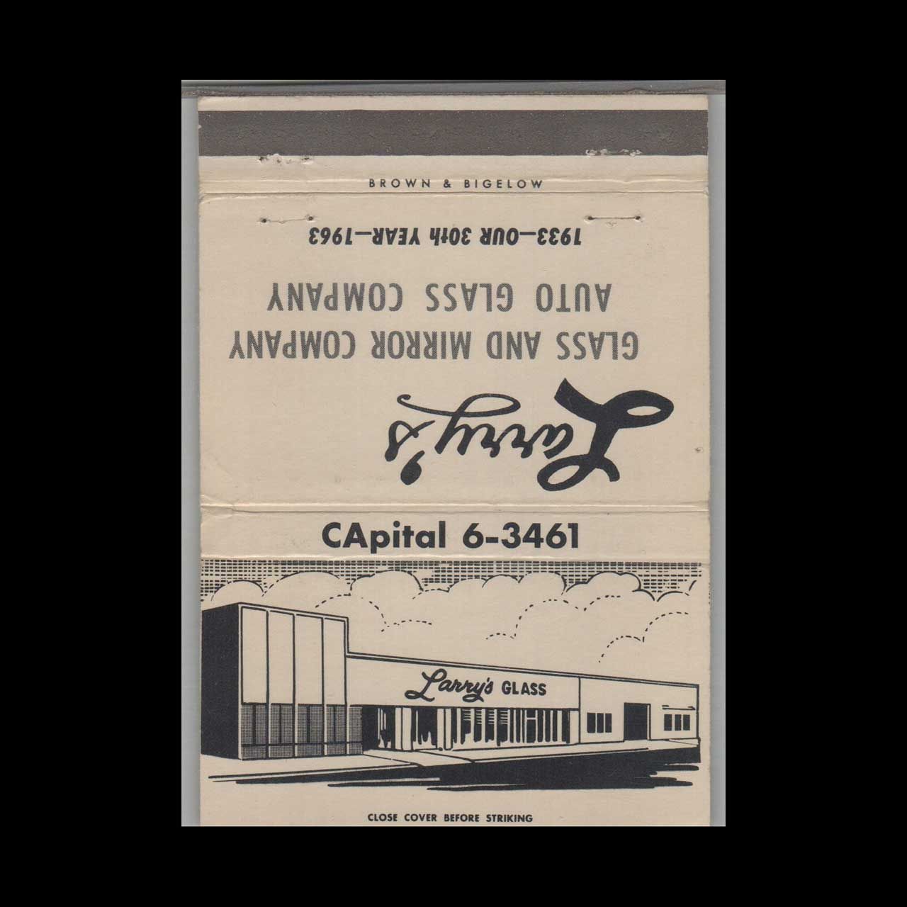 Larry&#39;s Glass Auto Company Vintage Matchbook Advertising Cover