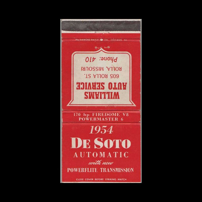 1954 DeSoto Dealer Williams Auto Service Rolla, MO Vintage Matchbook Advertising Cover