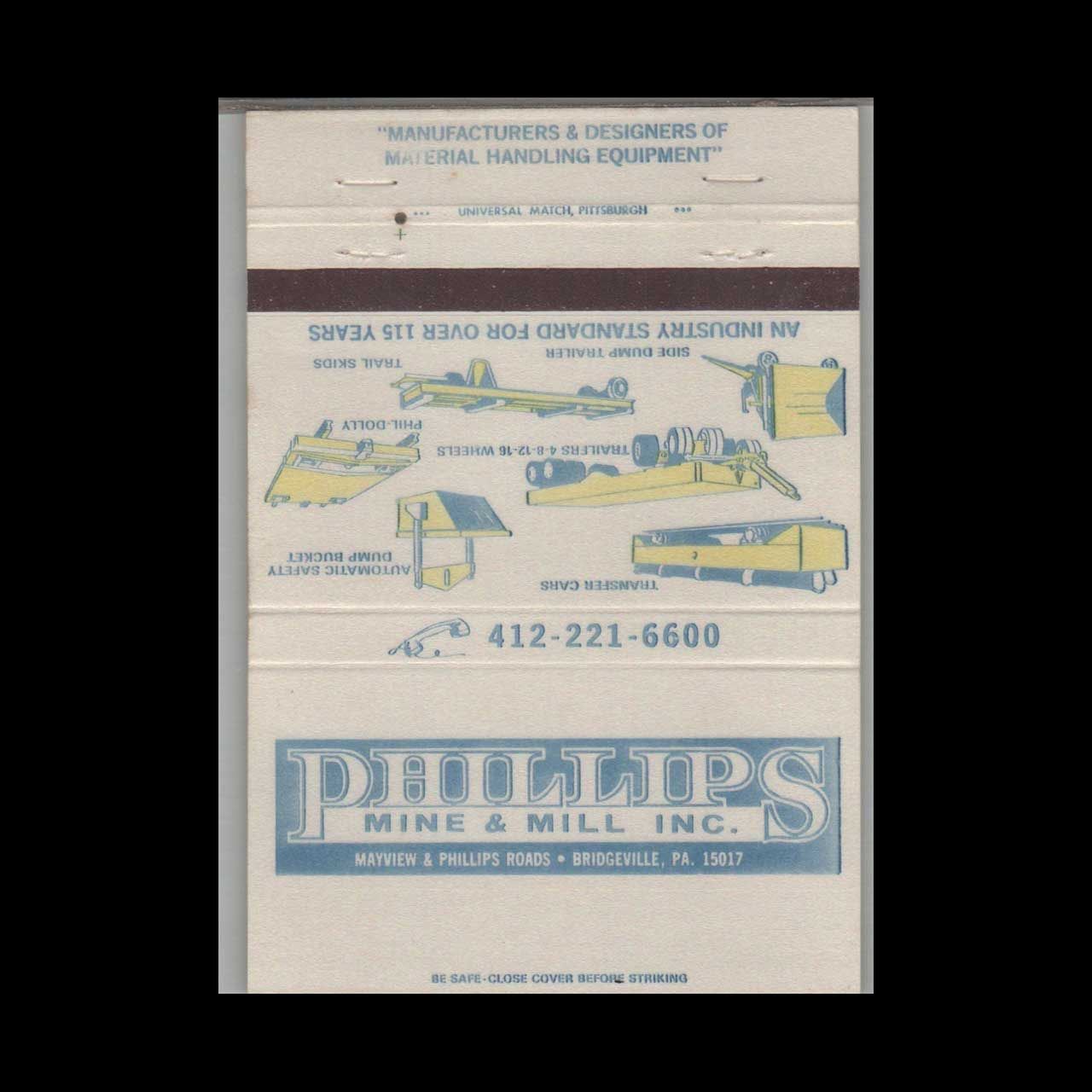 Phillips Mine &amp; Mill Inc Bridgeville PA Vintage Matchbook Advertising Cover