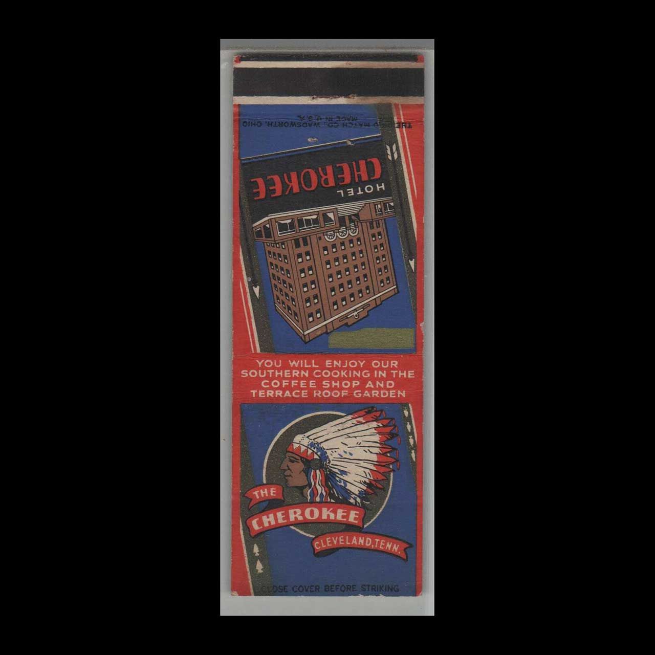 Vintage Hotel The Cherokee Hotel Cleveland, TN Vintage Matchbook Advertising Cover