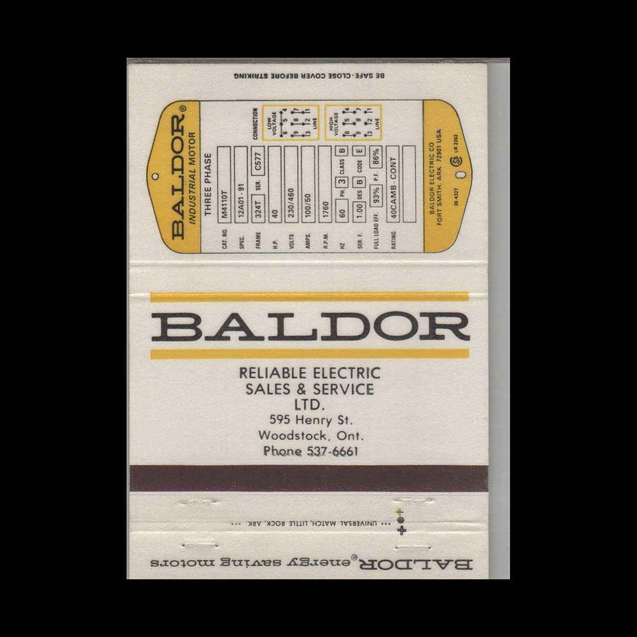 Baldor Reliable Electric Woodstock ON Vintage Matchbook Advertising Cover