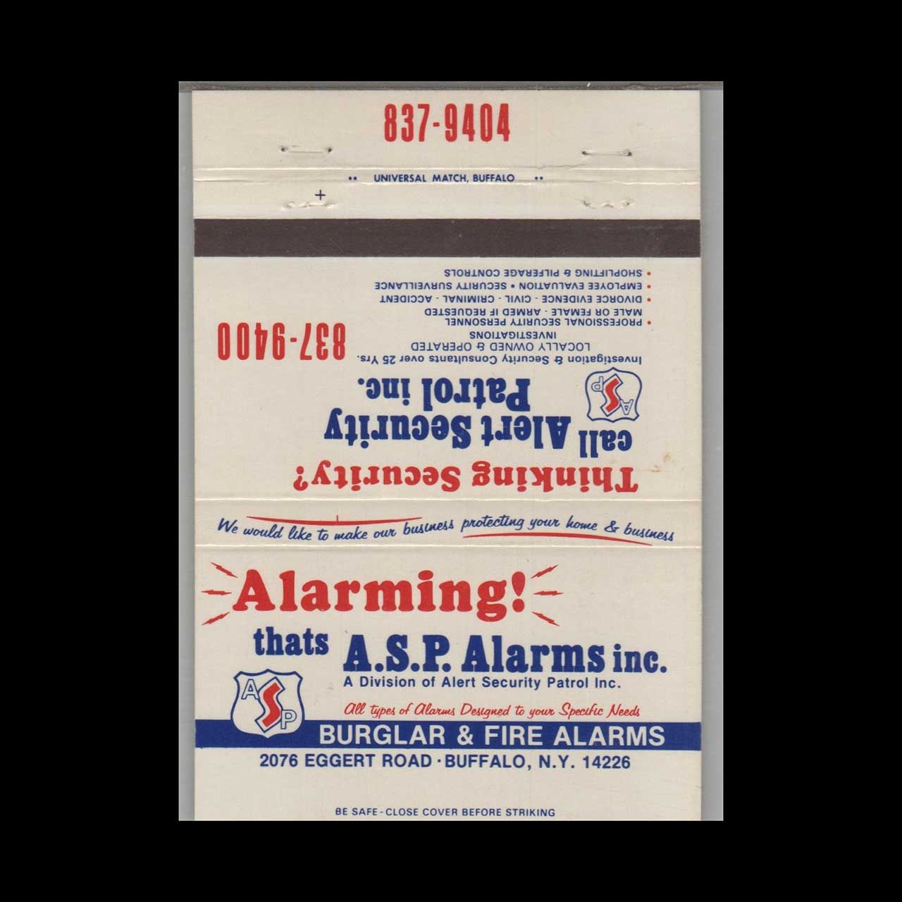 A S P Alarms Inc Buffalo NY Vintage Matchbook Advertising Cover
