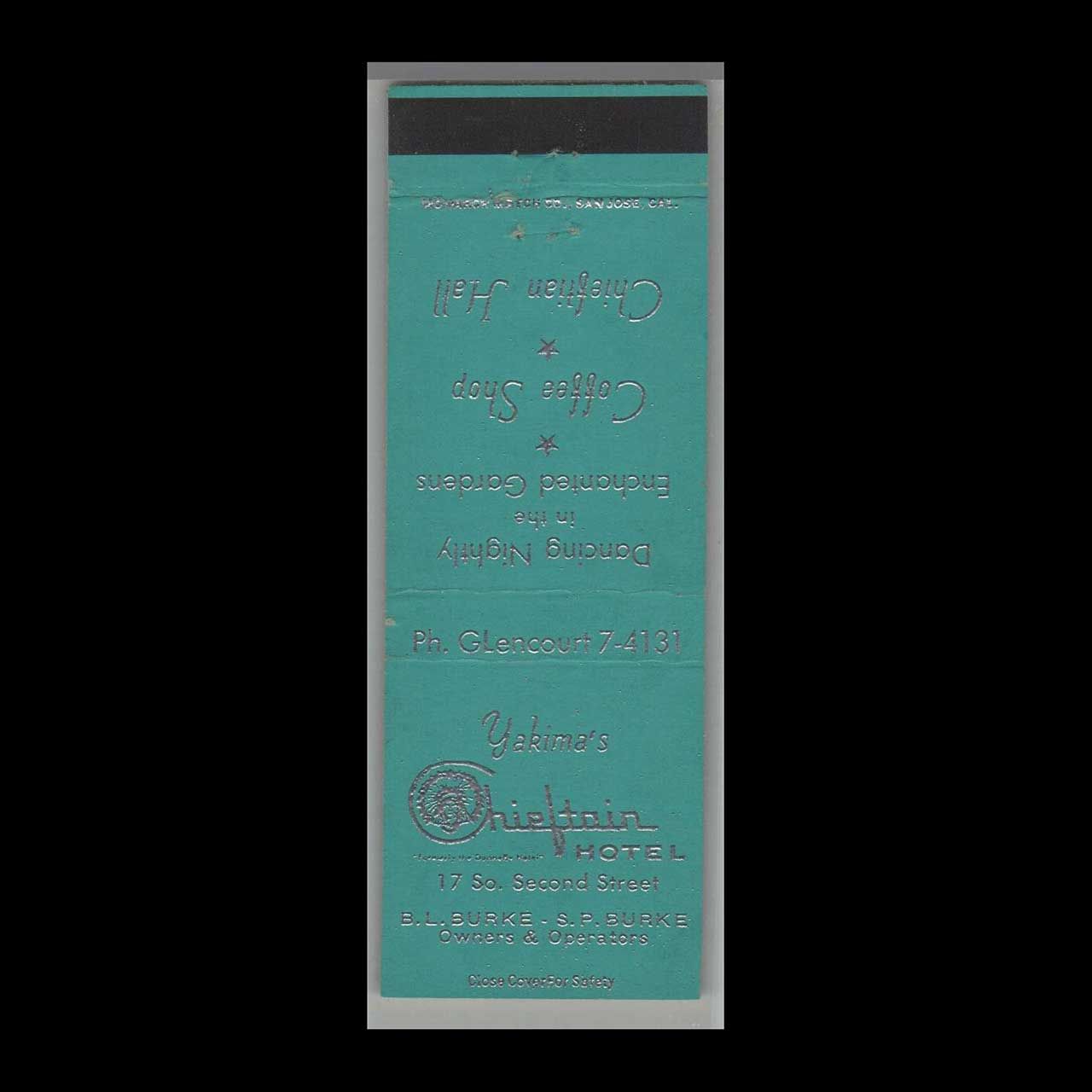 Vintage Hotel Chieftain Hotel Yakima, WA Vintage Matchbook Advertising Cover