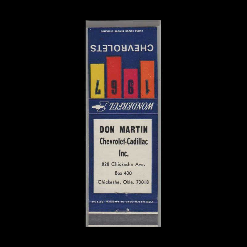 1967 Chevrolet Dealer -  Don Martin Chevrolet Chickasha, OK Vintage Matchbook Advertising Cover