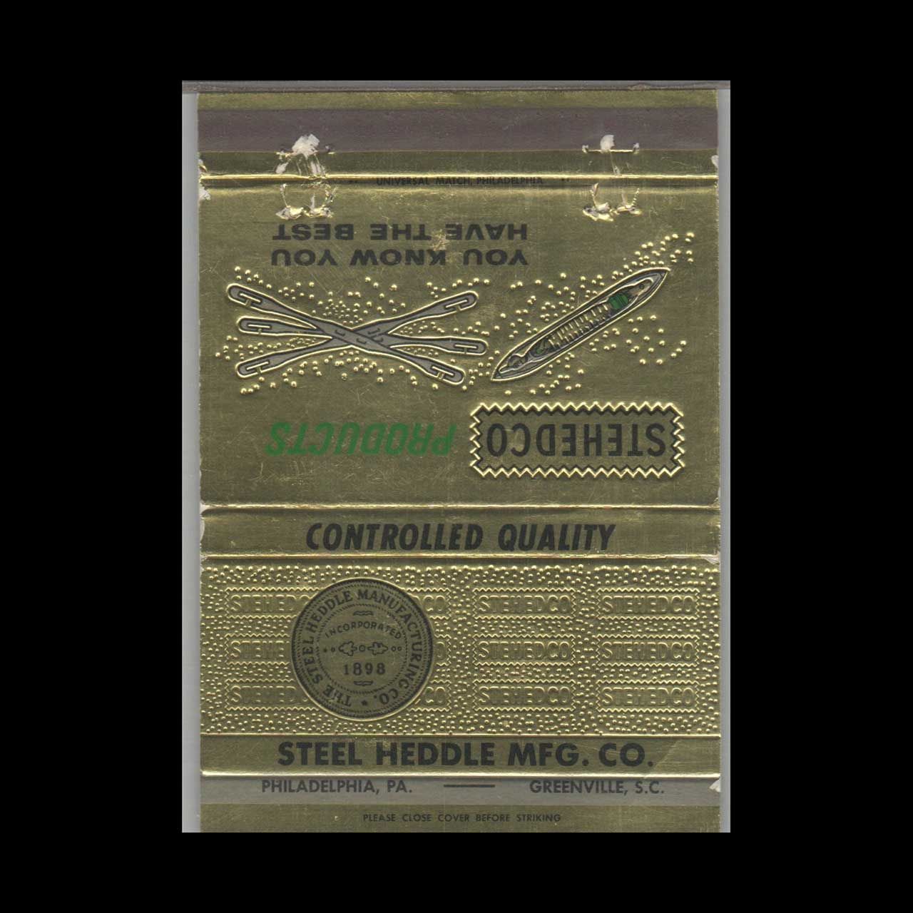 Steel Heddle Mfg. Co. Greenville SC Vintage Matchbook Advertising Cover