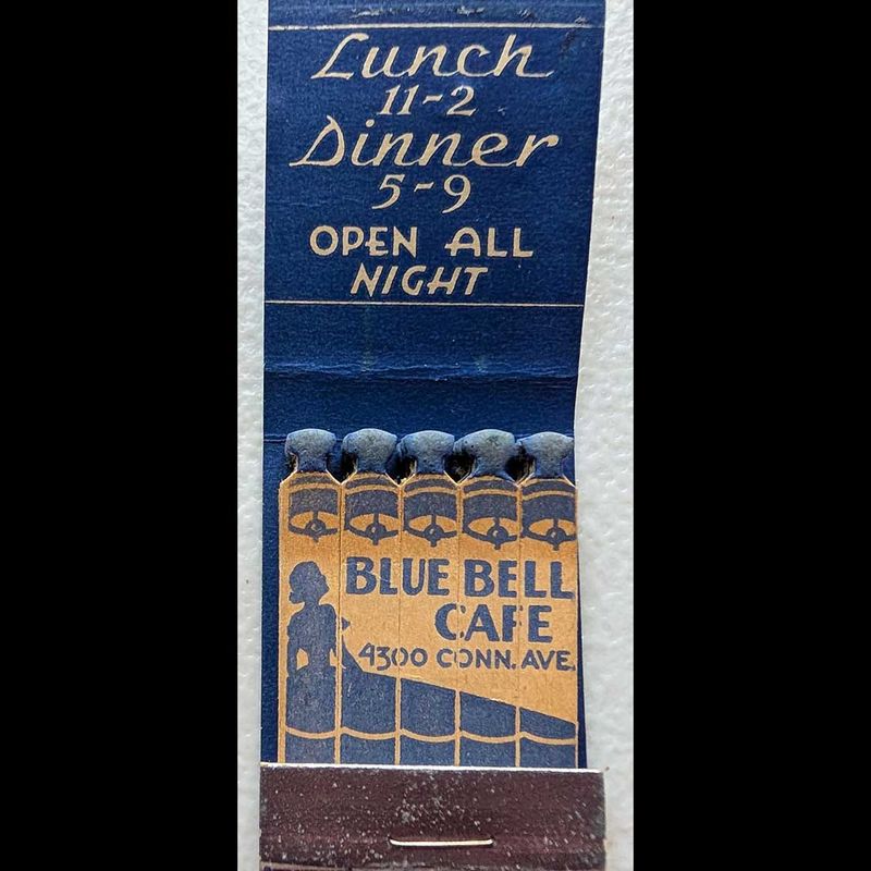 Feature Matchbook Full Book Blue Bell Cafe Washington, DC Vintage Matchbook Advertising Cover