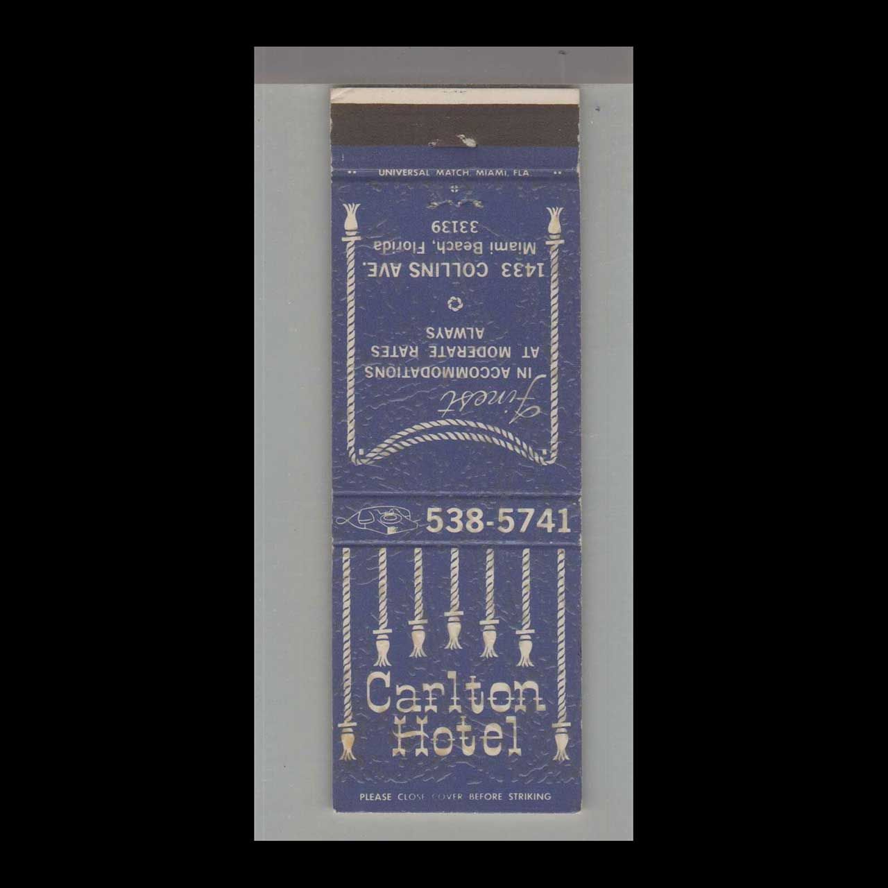 Carlton Hotel Miami Beach, FL Vintage Matchbook Advertising Cover