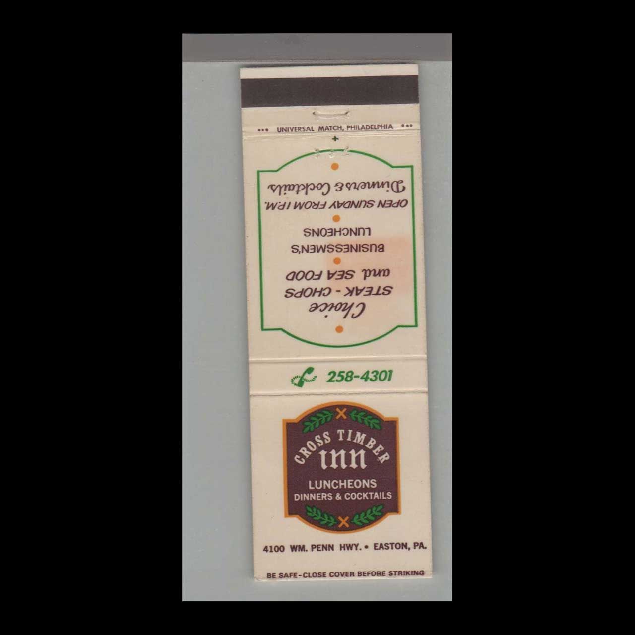 Cross Timer Inn Easton, PA Vintage Matchbook Advertising Cover