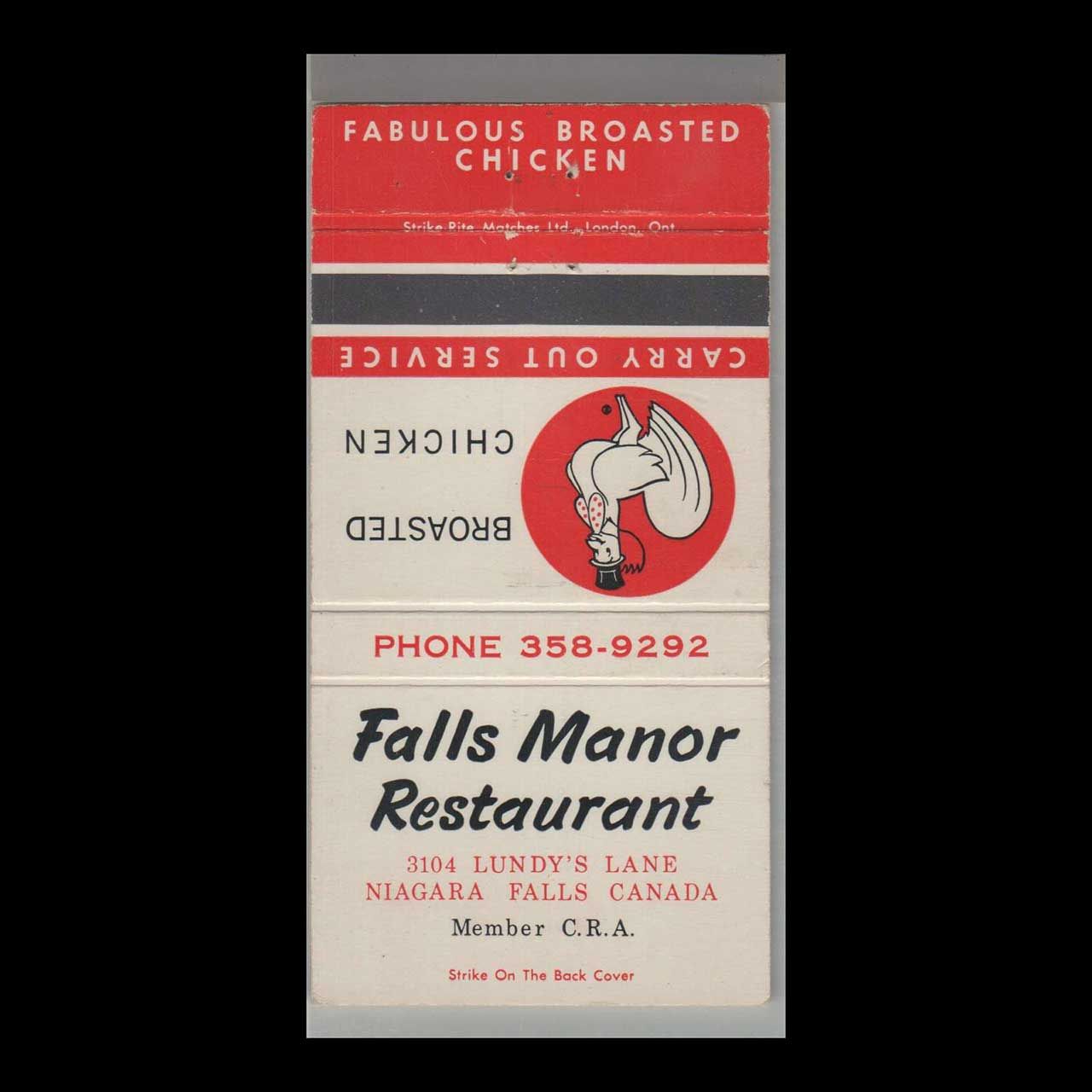 Rooster - Falls Manor Restaurant Niagara Falls, Ontario Vintage Matchbook Advertising Cover