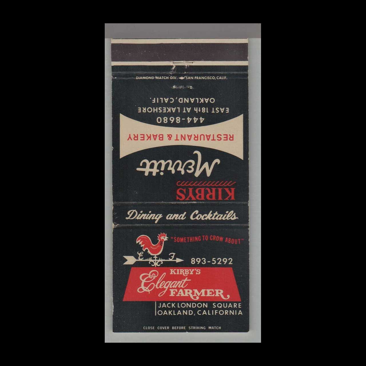 Rooster - Kirby&#39;s Elegant Farmer Oakland, CA Vintage Matchbook Advertising Cover