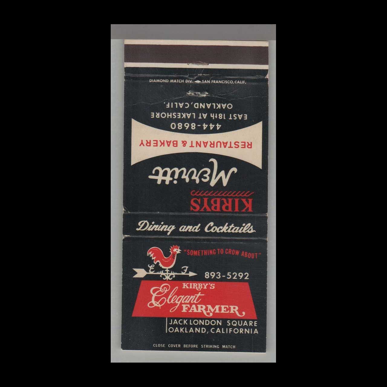 Rooster - Kirby&#39;s Elegant Farmer Oakland, CA Vintage Matchbook Advertising Cover