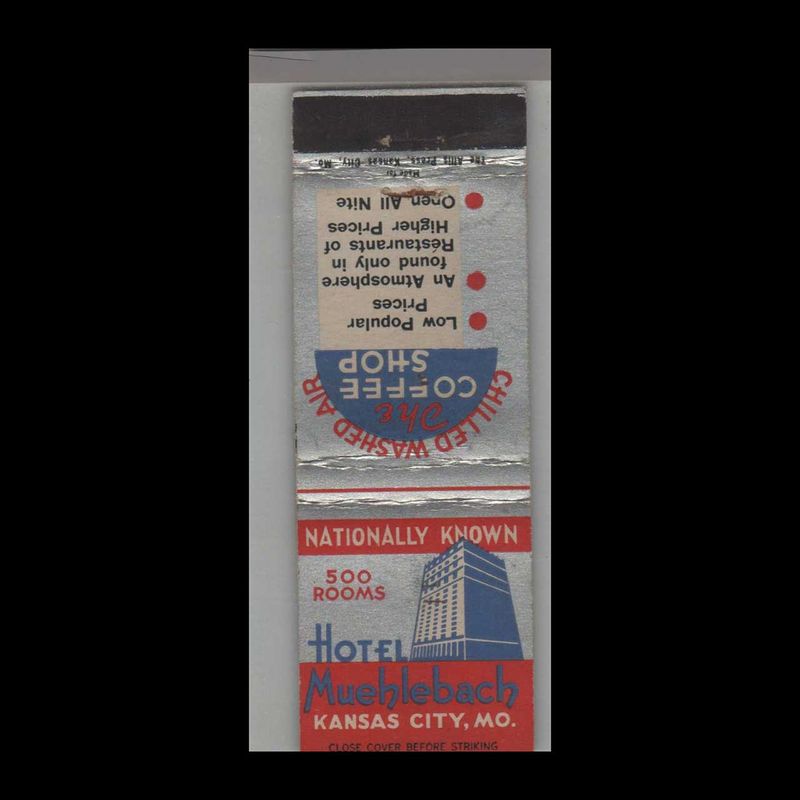 Hotel Muehlebach Kansas City, MO Vintage Matchbook Advertising Cover