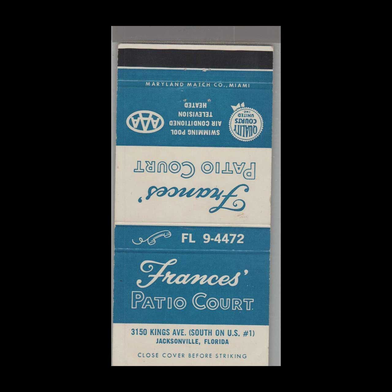 Frances&#39; Patio Court Jacksonville, FL Vintage Matchbook Advertising Cover