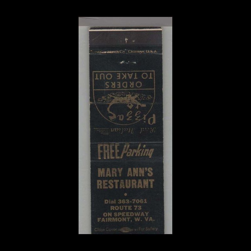 Pizza Place - Mary Ann&#39;s Restaurant Fairmont, WV Vintage Matchbook Advertising Cover