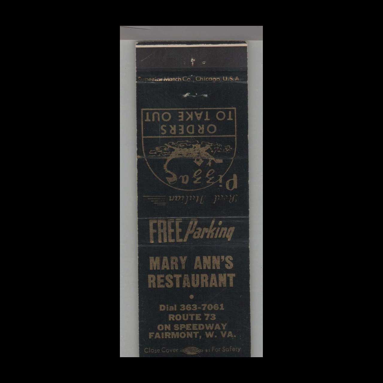 Pizza Place - Mary Ann&#39;s Restaurant Fairmont, WV Vintage Matchbook Advertising Cover