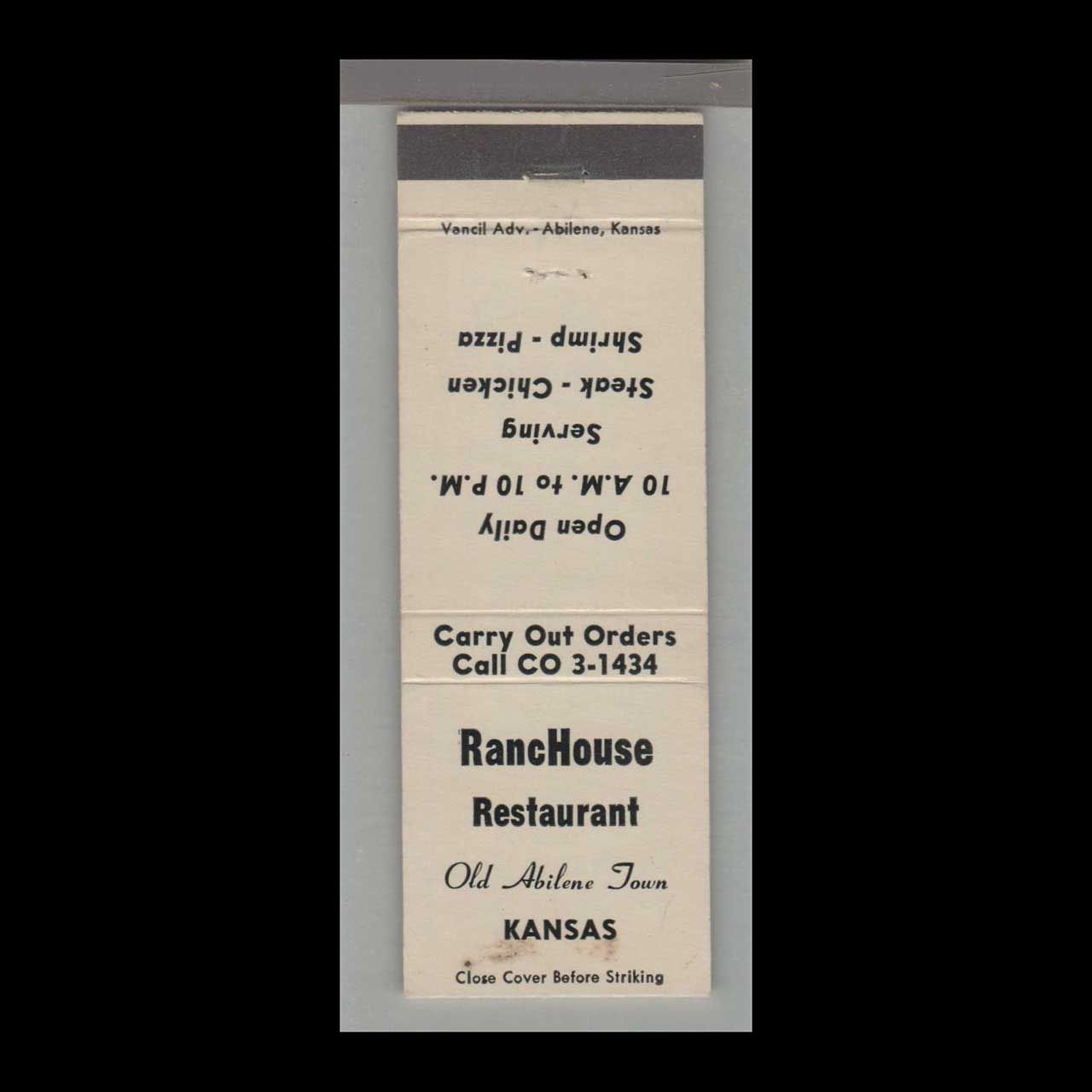 Pizza Place - Ranchouse Restaurant Old Abilene Town, KS Vintage Matchbook Advertising Cover