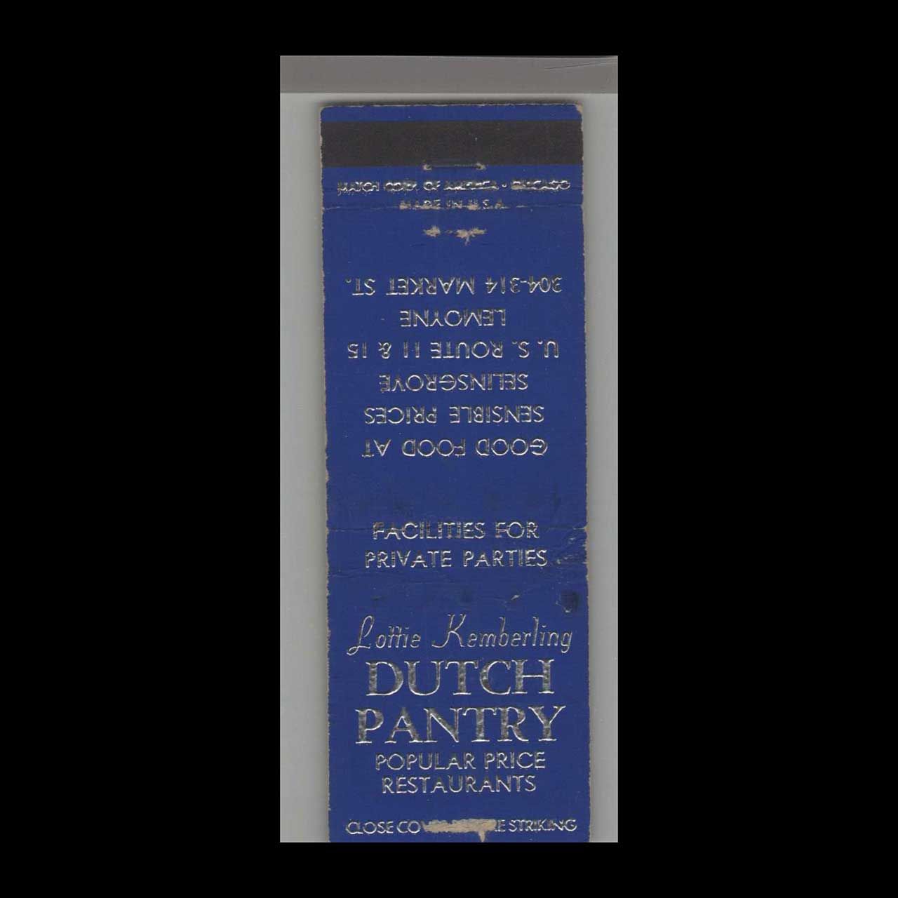 Dutch Pantry PA Dutch Cooking Selinsgrove, PA Vintage Matchbook Advertising Cover