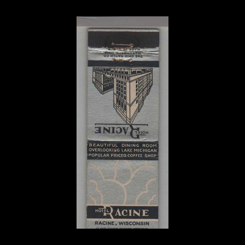 Hotel Racine Wisconsin, WI Vintage Matchbook Advertising Cover