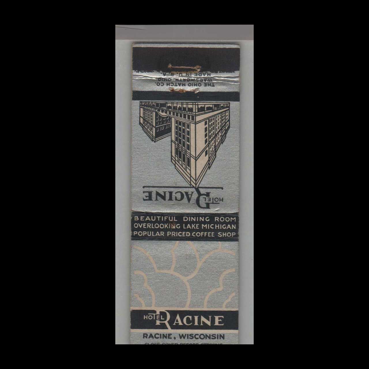 Hotel Racine Wisconsin, WI Vintage Matchbook Advertising Cover