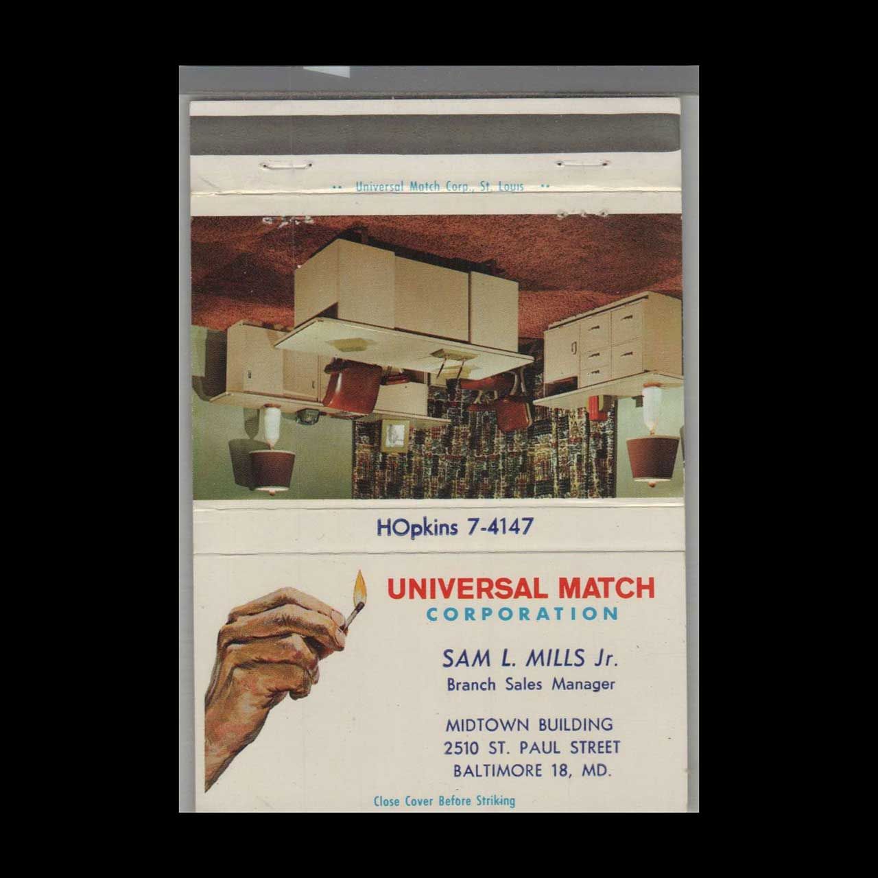 Universal Match Co. Sam Mills Branch Sales Mgr. Ba Vintage Matchbook Advertising Cover