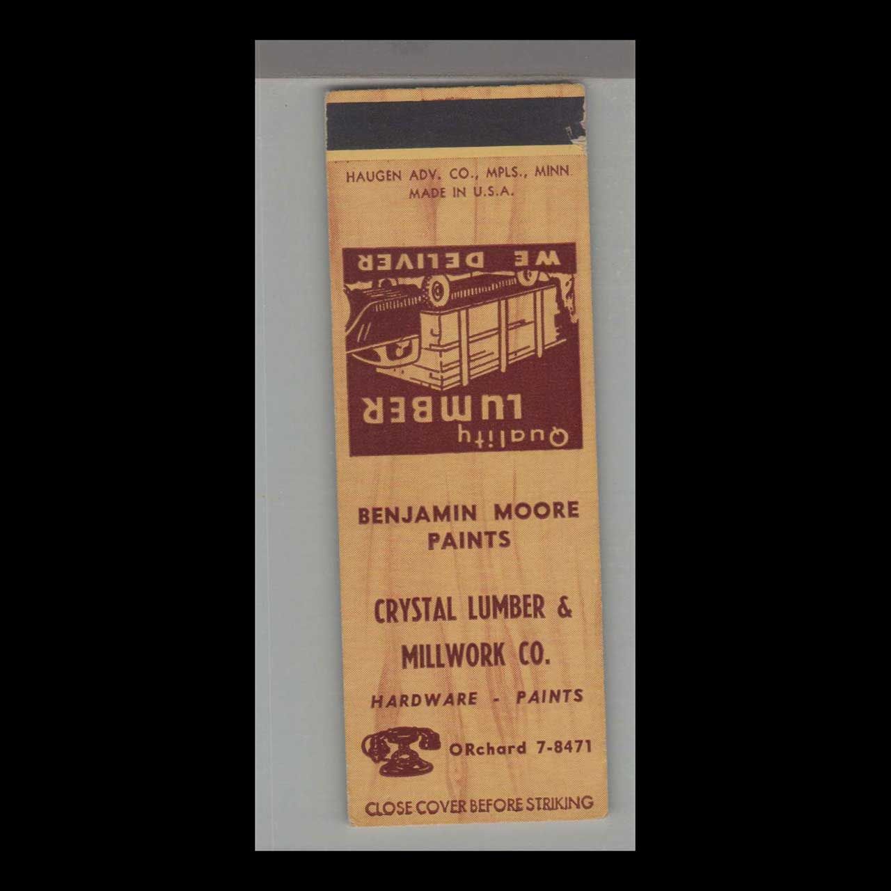 Crystal Lumber &amp; Millwork Co. Sales Sample Vintage Matchbook Advertising Cover