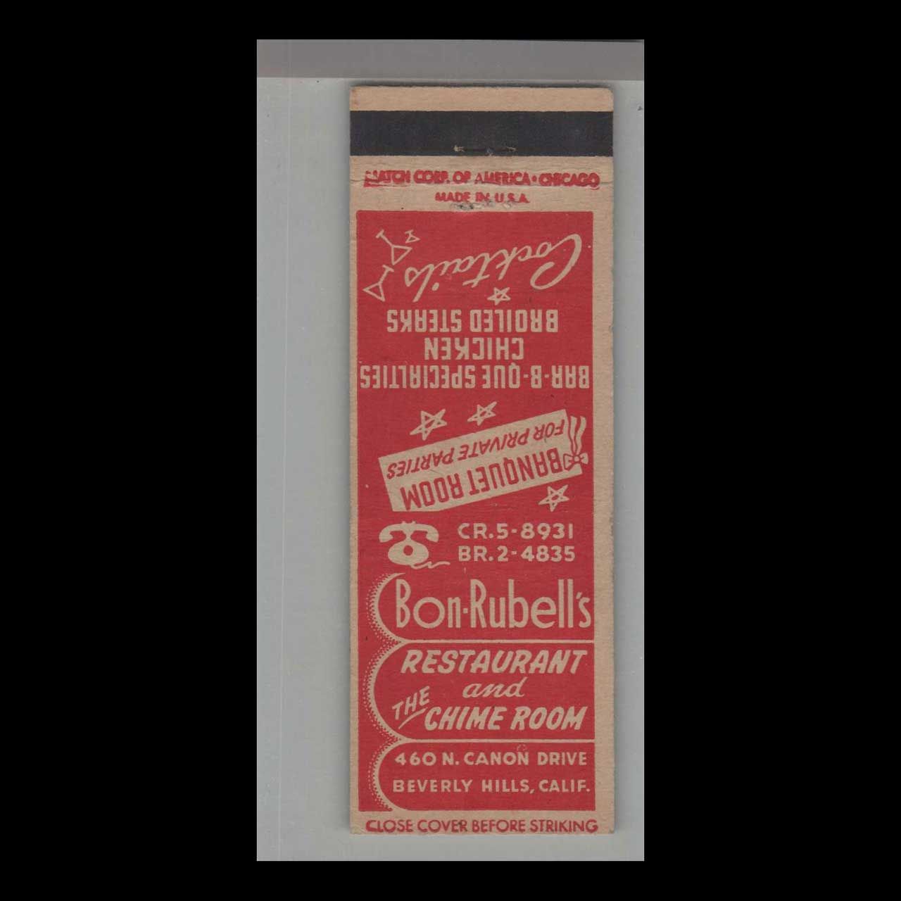 Bon Rubell&#39;s Restaurant Beverly Hills, CA Vintage Matchbook Advertising Cover