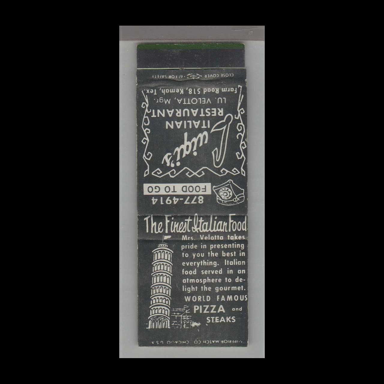 Pizza Place - Luigi&#39;s Italian Restaurant Kemah, TX Vintage Matchbook Advertising Cover