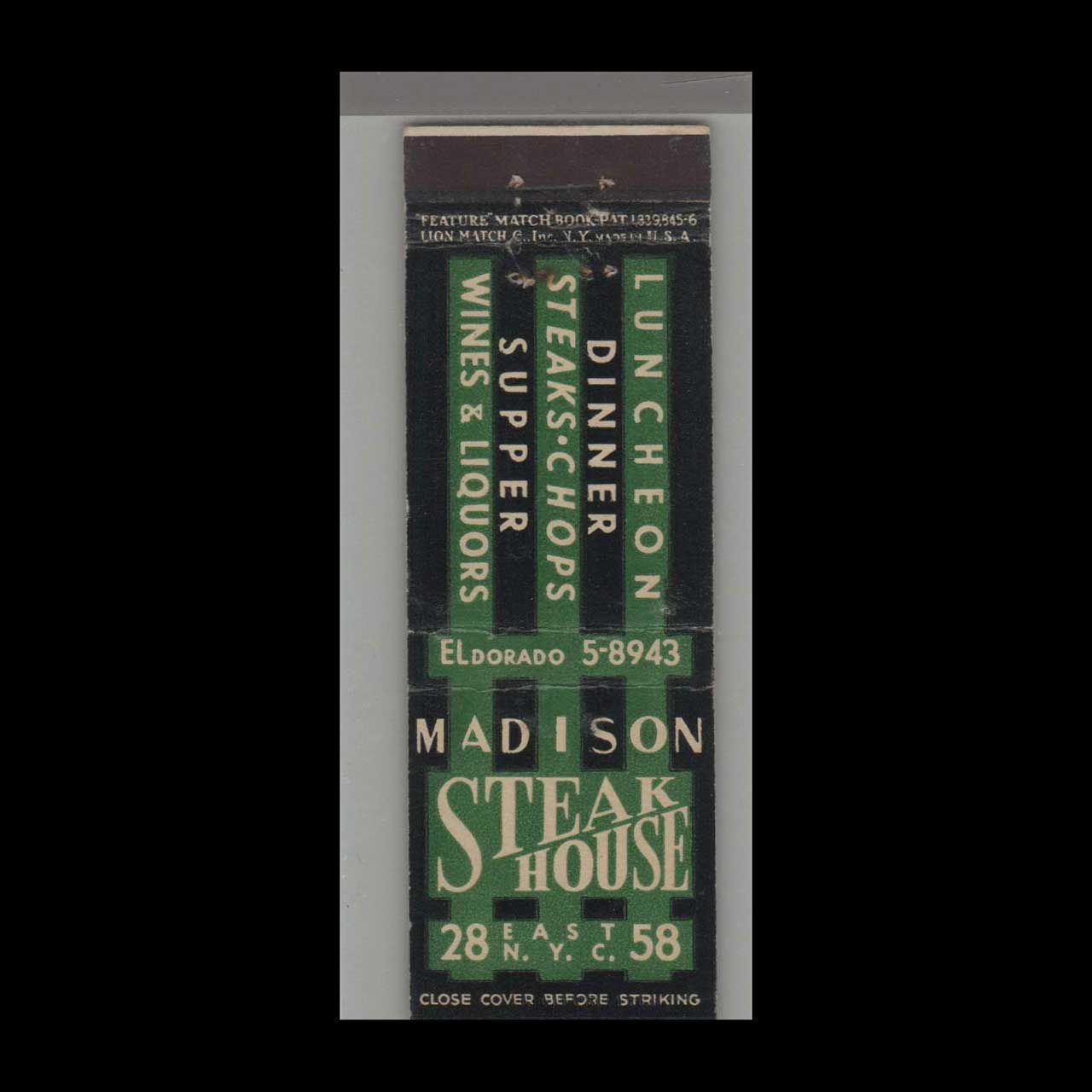 Madison Steak House New York, NY Vintage Matchbook Advertising Cover