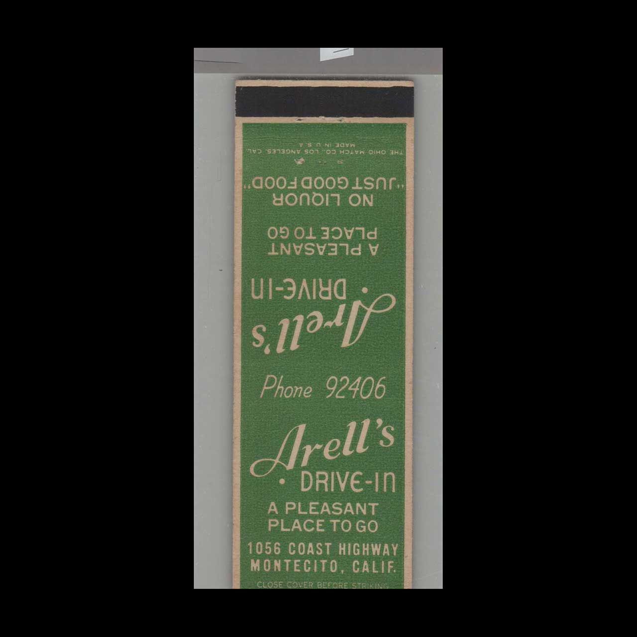 Arell&#39;s Drive In Restaurant Montecito, CA Vintage Matchbook Advertising Cover